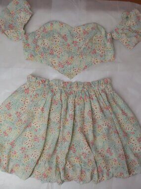 NWT Aiblee Floral Bubble Hem Skirt & Top Set Dainty Cottagecore Fairy Large